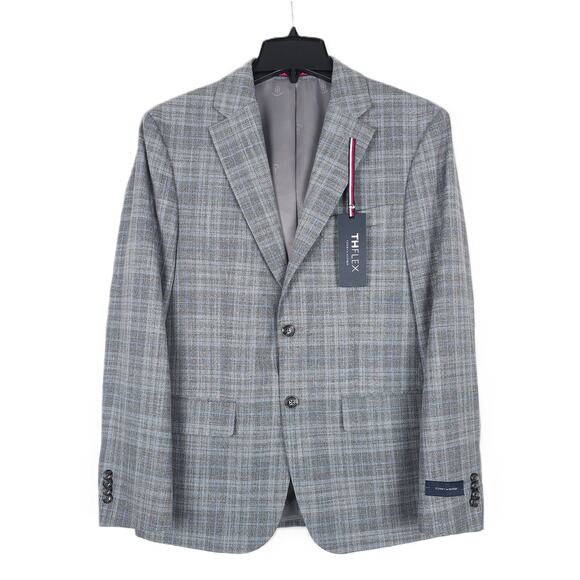 Tommy Hilfiger Men's Modern-Fit Flex Stretch Sport Coat Grey Blue Plaid 38R NWT - Picture 1 of 7